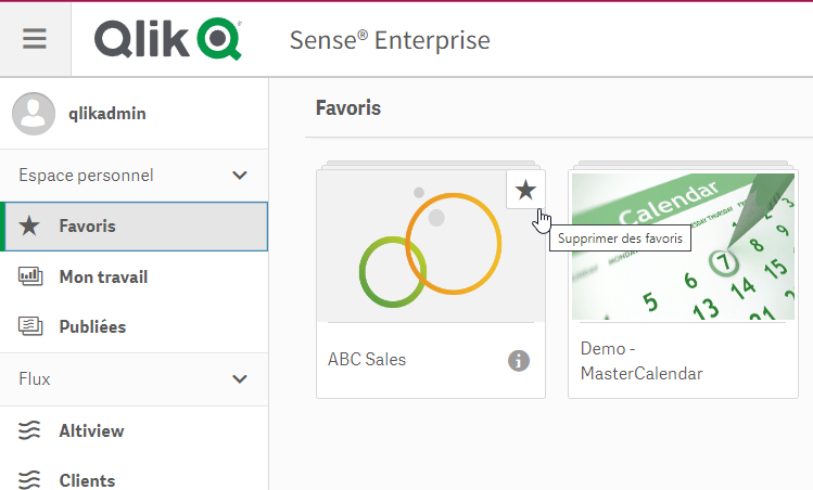 Image qui a pour but d'illustrer comment il est possible de mettre une application en favoris sur Qlik Sense