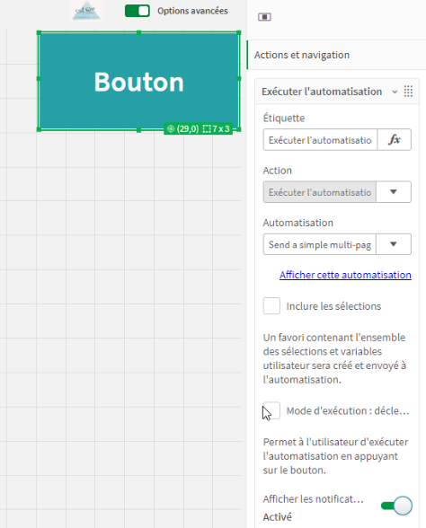 Image montrant le nouveau bouton et ses possibilités d'automatisation dans Qlik Cloud