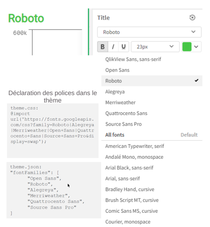 Image montrant l'ajout de polices via le thème dans Qlik Cloud