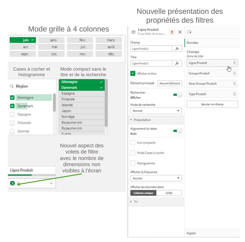 Image illustrant les nouvelles possibilités de présentation pour les volets de filtres sur Qlik Cloud